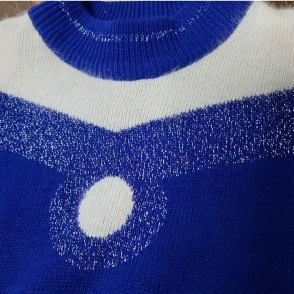 Vintage 80's Blue Silver Sparkles Geometric Wool Blend Cozy Sweater - Picture 10 of 11